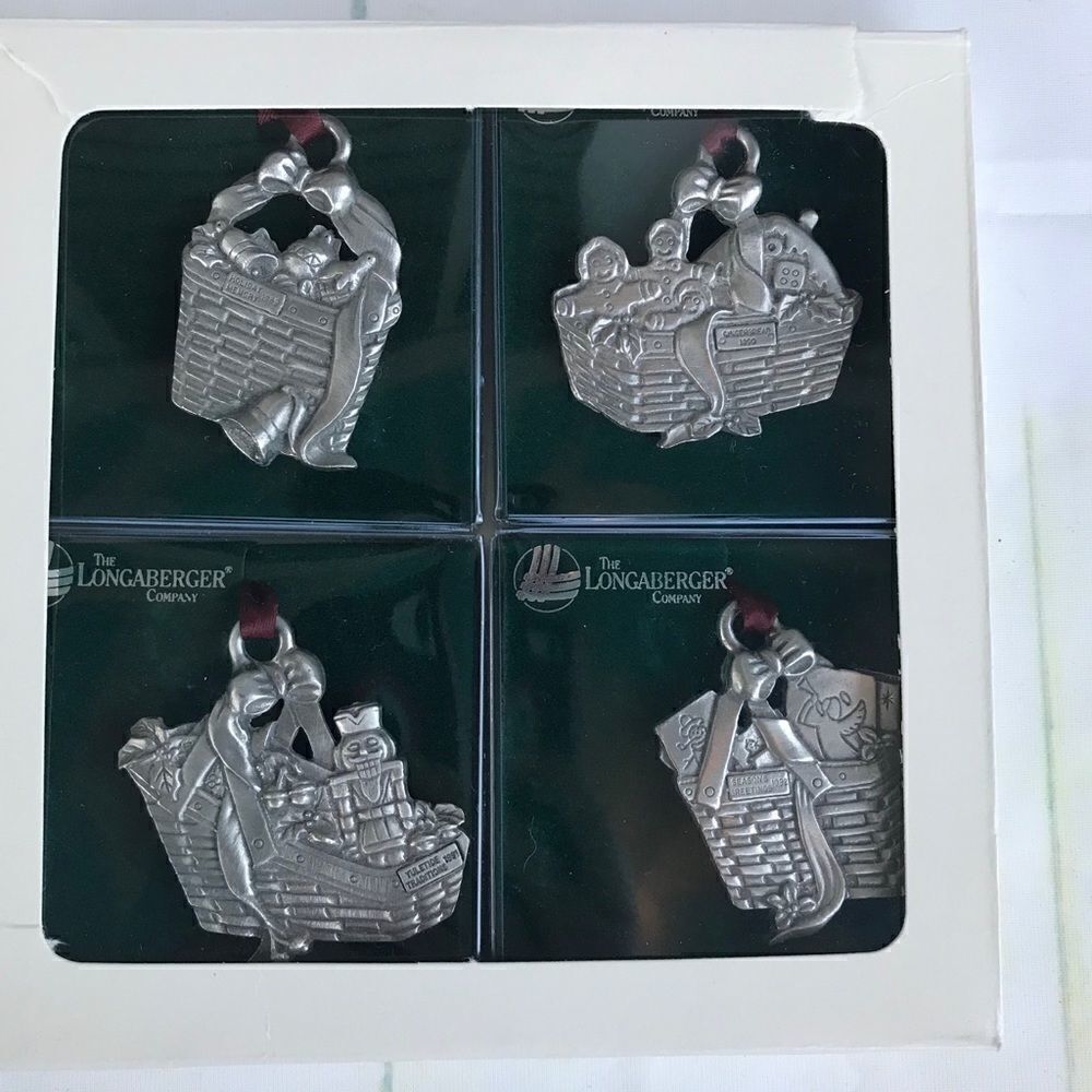 Longaberger Pewter Basket Christmas Ornaments Set